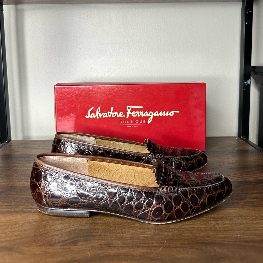 Salvatore Ferragamo Brown Croc Leather Slip On Loafers Sz 9 AA